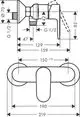 Brausemischer mit einem Hebel von Hansgrohe, ausgestattet mit Anschluss-Gewinden, maßlichen Angaben und einer klaren Linienführung. Ein Aufputz-Design ohne dekorative Elemente.